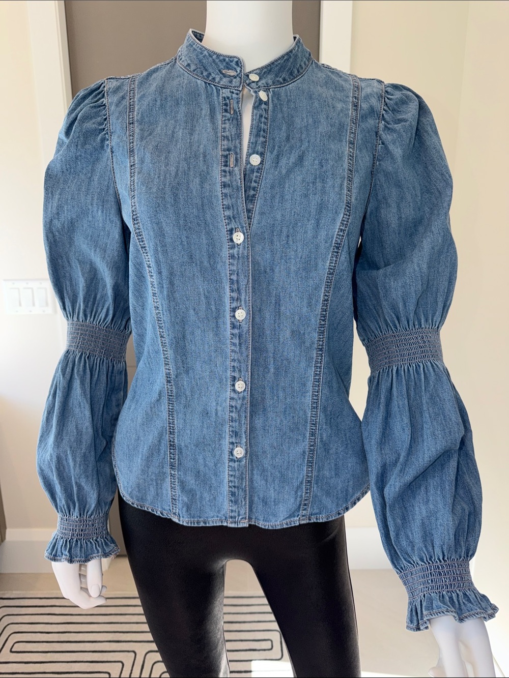 Veronica Beard Blue Denim Balloon-Sleeve Button Down Shirt
